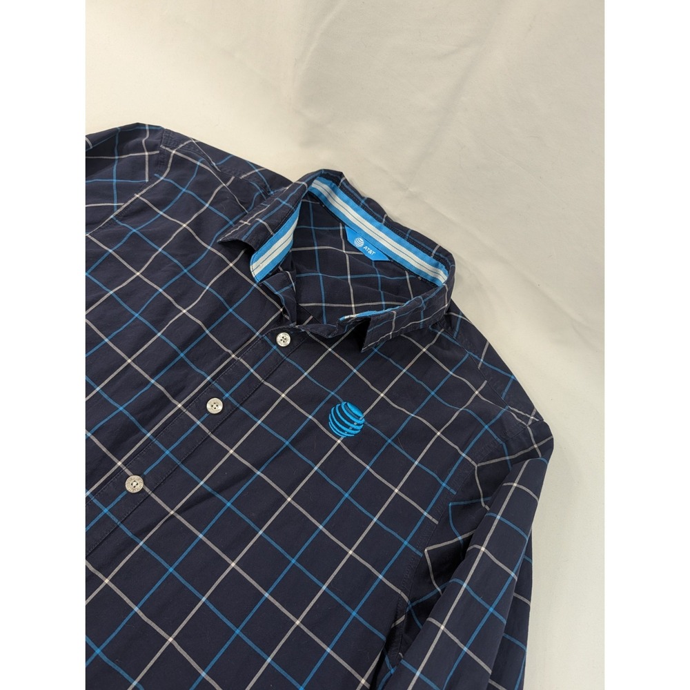 AT&T Uniform Work Shirt Button Up Long Sleeve Men's Size Medium Blue Plaid Logo